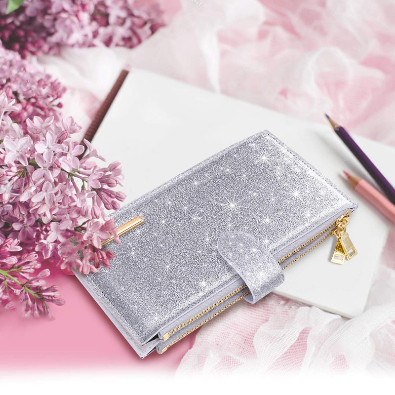 Coco Rossi Womens RFID Blocking Glitter Wallet Multi Card Organizer Bifold Wallet for Women with Zipper Pocket,Silver - Image 2